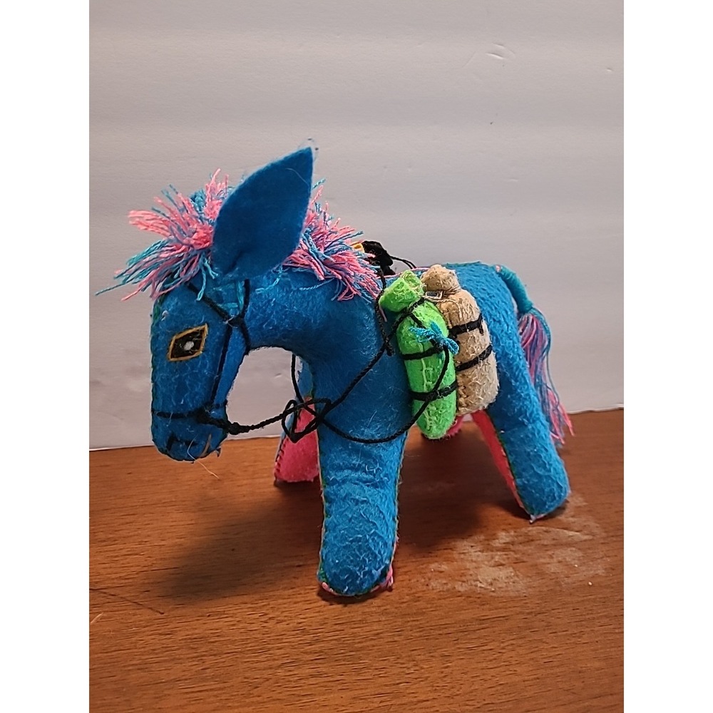 Vintage Folk Art Blue Pink‎ Felt Donkey